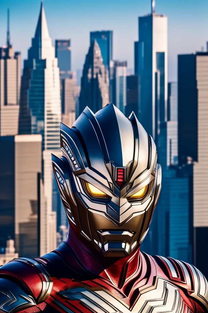 beautiful detail, best quality, 8k, highly detailed face and skin texture, high resolution, ultraman stand over the city, sharp focus