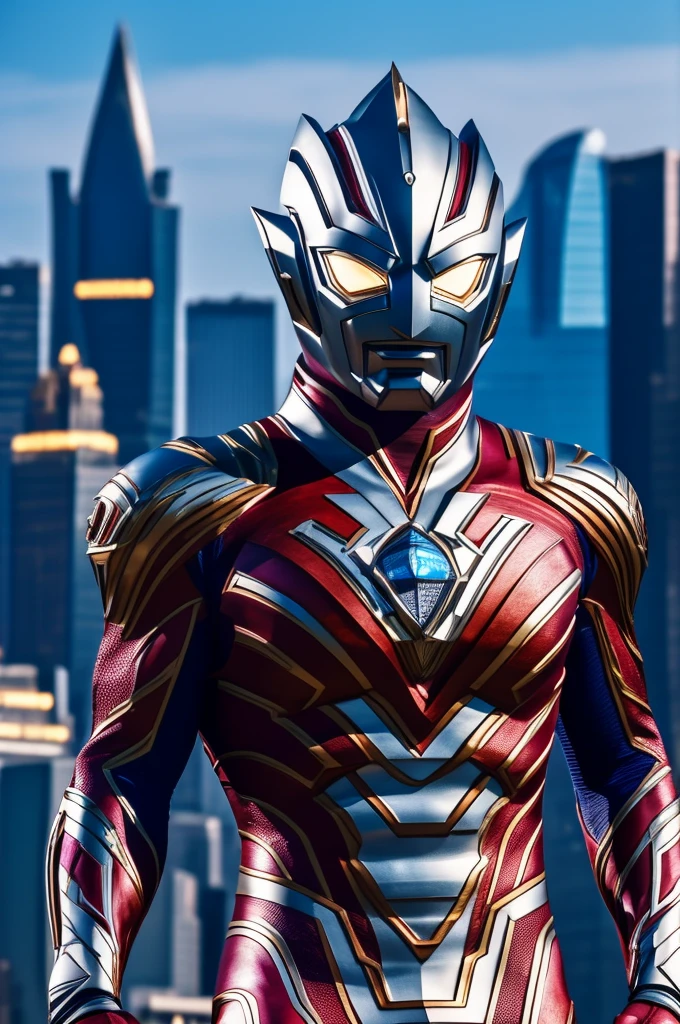 beautiful detail, best quality, 8k, highly detailed face and skin texture, high resolution, ultraman stand over the city, sharp focus