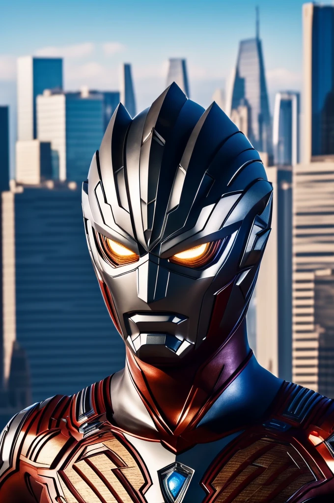 beautiful detail, best quality, 8k, highly detailed face and skin texture, high resolution, ultraman stand over the city, sharp focus