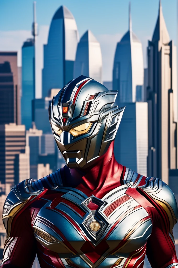 beautiful detail, best quality, 8k, highly detailed face and skin texture, high resolution, ultraman stand over the city, sharp focus