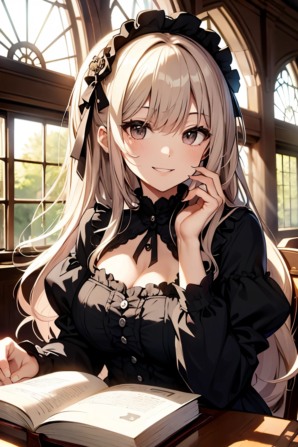 ((highest quality)), ((masterpiece)), (detailed), Perfect Face,Gothic style,At the mansion,bay window,Show me your face,Big smile,Embarrassing,happiness,happinessな時間,(Book),(I&#39;m in the library),grimoire,blonde,ribbon,put your hands in your hair,beautiful girl,drift,pygmy,Long Hair,velvet,corset,Frills,organdy,Lace clothes,crinoline,Head ornament,Place your cheek on your hand,Braided boots