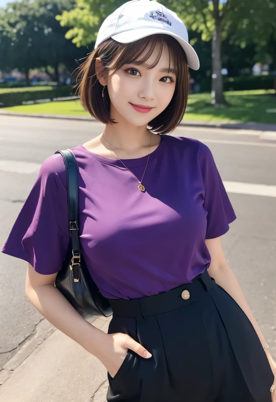 masterpiece, best quality:1.1), (8k, raw photo, photo realistic:1.2, f22), (shiny skin), detailed skin,Medium Bob,detailed face, detailed eyes,smile,BREAK, real world, intricate details, smil, BREAK, 1girl, full body,purple,(short sleeves,blouse,pants,cap)BREAK, (park:1.4)