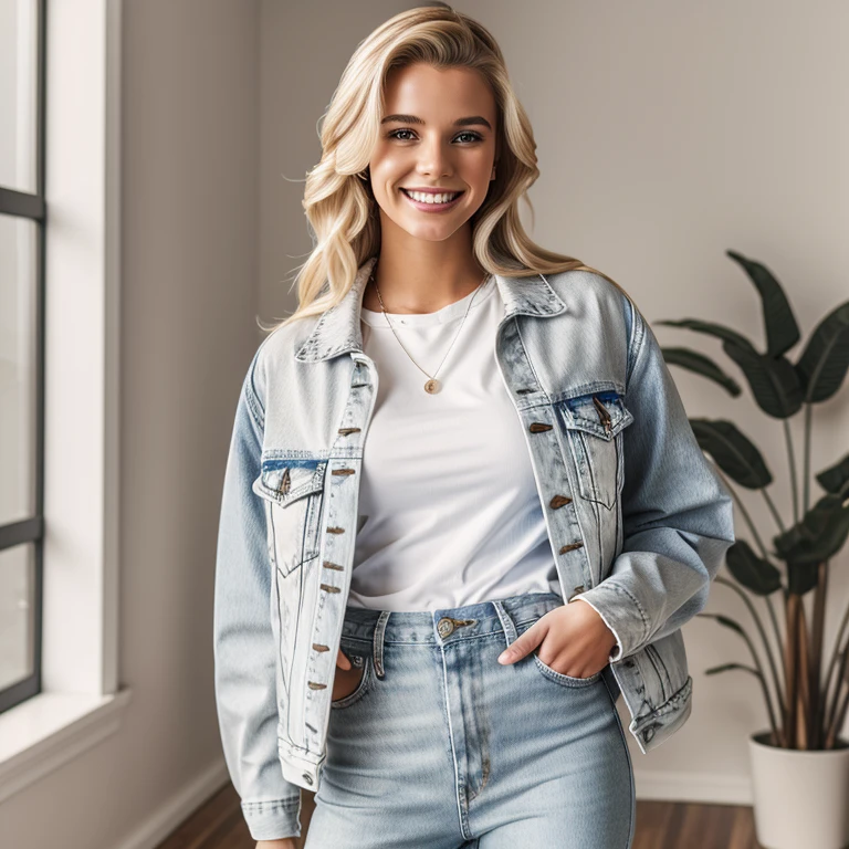 young blonde woman in mom jeans, white tee and jacket, smiling, designer 90s clothing, photorealistic, realistic, photorealism, indoor studio, glamour shot
