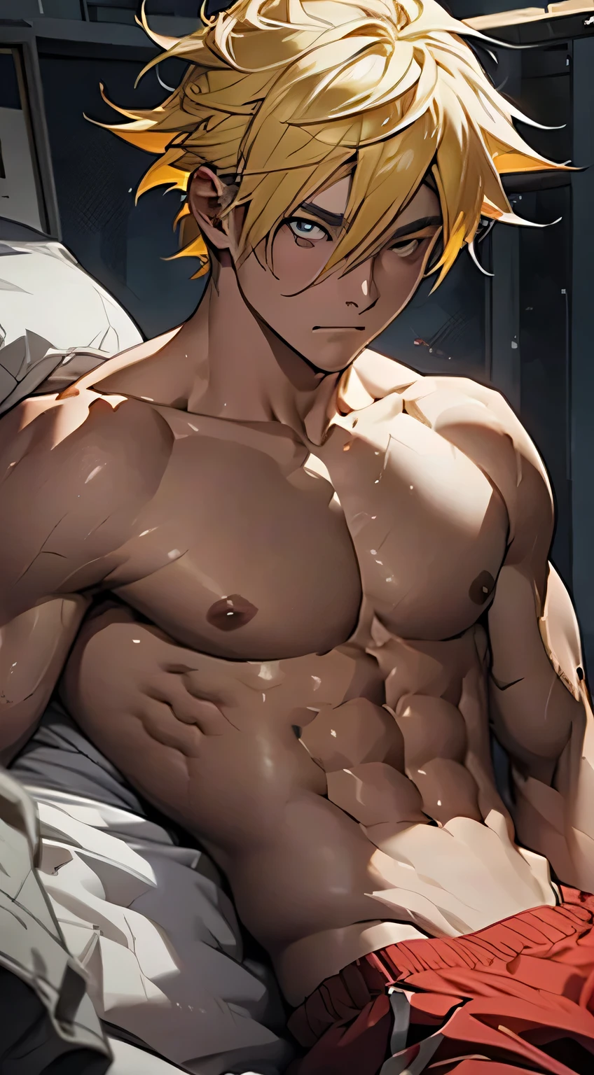 Shirtless anime guy with yellow hair and red eyes lying on the bed with 6 pack abs and strong arms