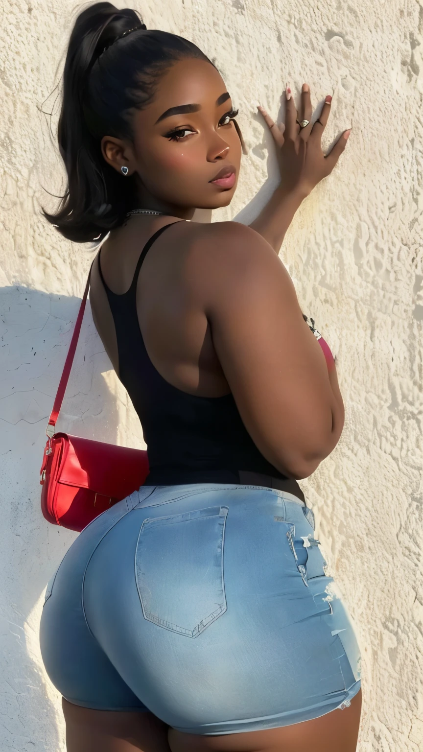 Araffe woman in a black top and blue shorts with a red handbag, skinny waist and thick hips, dark skin, Female model from 2 to , thick, thick thighs, thick thigs, brown-skinned, dark skin, thick, fille de 19 ans, 18 ans, beauté à couper le souffle, Accentuated hips