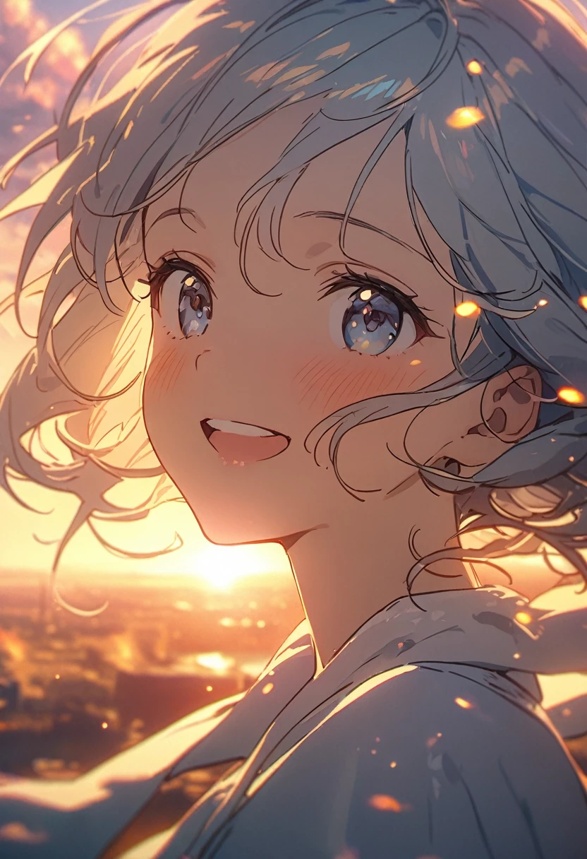 masterpiece, best quality, movie still, 1girl, cloud girl, floating in the sky, close-up, bright, happy, warm soft lighting, sunset, (sparks:0.7)