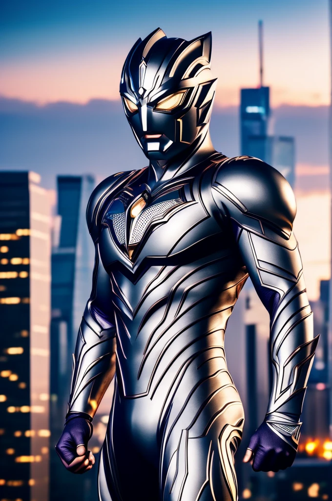 beautiful detail, best quality, 8k, highly detailed face and skin texture, high resolution, silver body ultraman stand over the city, full body, sharp focus
