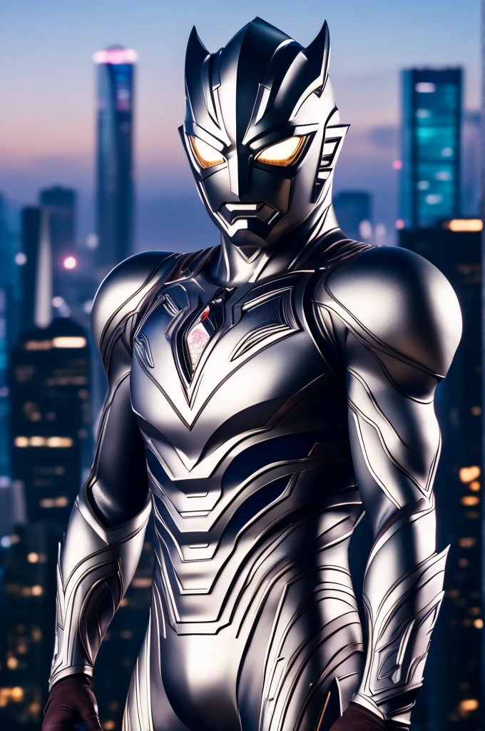 beautiful detail, best quality, 8k, highly detailed face and skin texture, high resolution, silver body ultraman stand over the city, full body, sharp focus