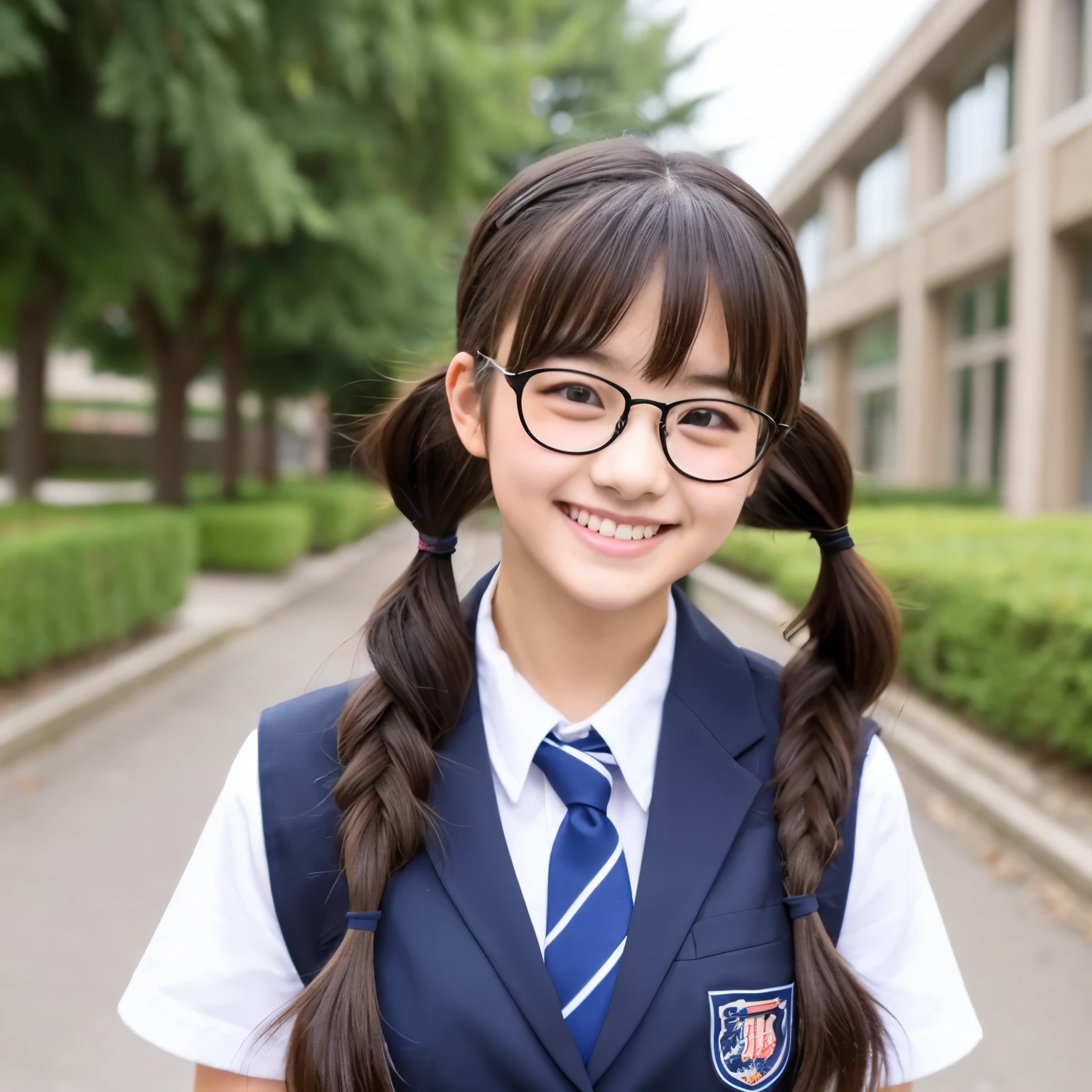 Low twin tails、Round Glasses、uniform、high school student、smile、Spoiled brat、Fluffy girls