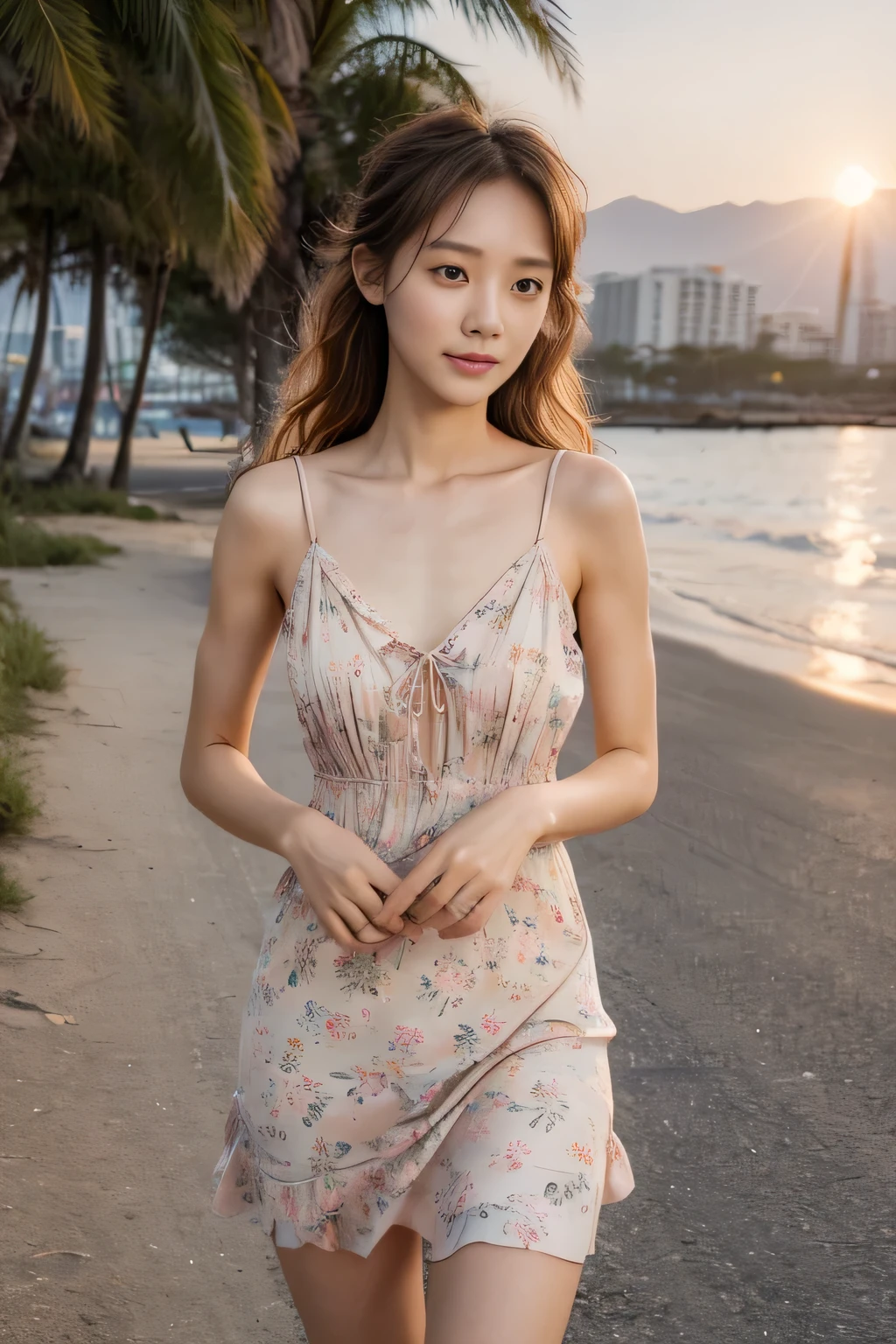 masterpiece, best quality, ultra quality, high quality, realistic, photo realistic, warm lighting,natural lighting,cinematic lighting,RAW photo, hyper detailed, intricate detailed, perfect anatomy, Fujifilm XT3,1girl,Japanese,(slender abs:1.3), cleavage,large hip,(camel toe:1.2), (Dark blonde and pink mideum wavy pixie hair over one eye:1.2), (from front:1.5),smile,(blushing:1.3),teary eyes,(standing:1.2),sunset,magic hour,blue moment,walking,beach,outdoor,(mideum shot), BREAK (wearing pastel color knee length sundress with floral pattern:1.3),(wind lift skirt:1.3),cleavage,