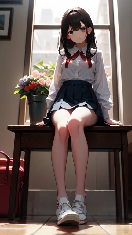 masterpiece, highest quality, One Girl, 12 years old、Thighs, beautiful girl, Flowers, たくさんの小さなflowerびら, flower、Small waist, RAWphotograph,Bright lighting、Face Light, Ultra-realistic, High resolution, photograph, Sharp focus, Highly detailed eyes and face,Symmetrical face, whole body、Large Breasts、Long Hair、チラリと見えるThighs、Emphasized cleavage、Red mini skirt、White high heels、White lace shirt、Brown cardigan、Big red ribbon、White sneakers、Red School Bag、Shooting from below、Morning Glow