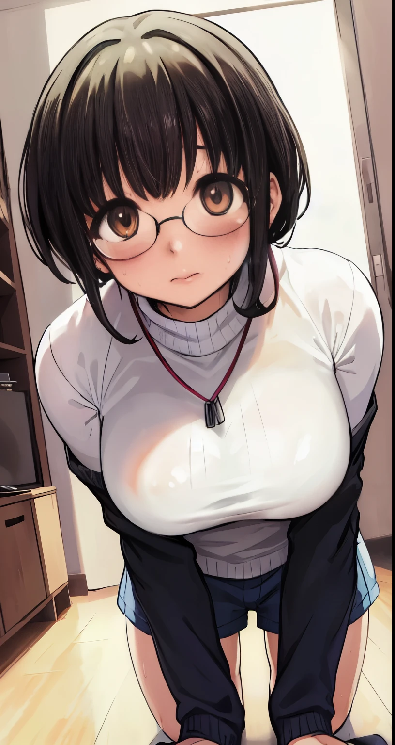 highest quality,(8K Portrait),(Official Art)、obesity、((short hair))、blush,((dark hair)),(Sweat),Black knee socks、One Woman,((:is))、hot、Office Room、Glasses、Thick thighs, Such an ass, Liar, Open crotch, Dettol, Down the Out、(Dynamic pose)、isらしない身体、Dynamic Angles、Turning around、High neck sweater、On all fours、On knees、View behind、Cowboy Shot