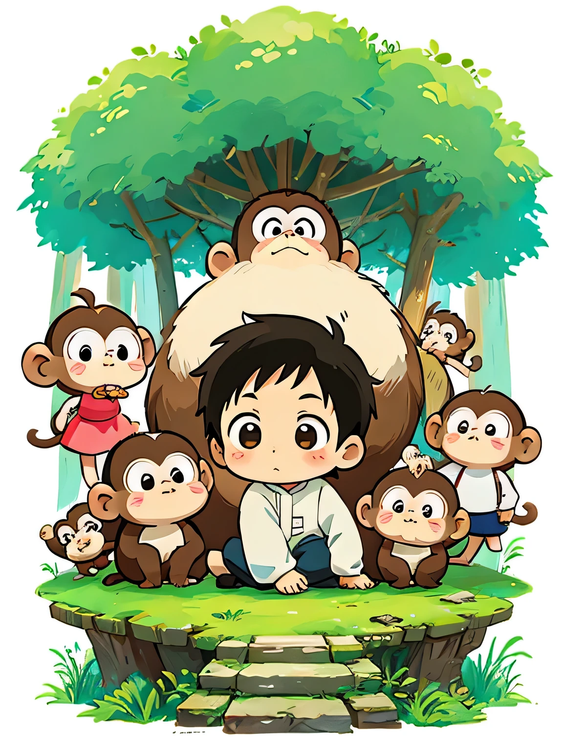 Hayao Miyazaki style, Kawaii Design, Chibi monkey, monkey Forest