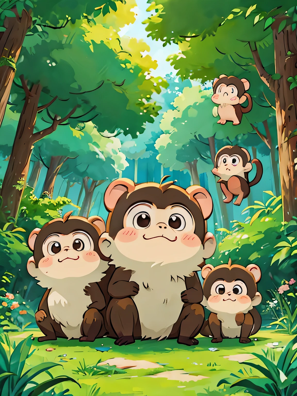 Hayao Miyazaki style, Kawaii Design, Chibi monkey, monkey Forest
