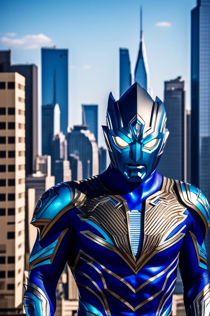 beautiful detail, best quality, 8k, highly detailed face and skin texture, high resolution, blue body ultraman stand over the city, full body, sharp focus