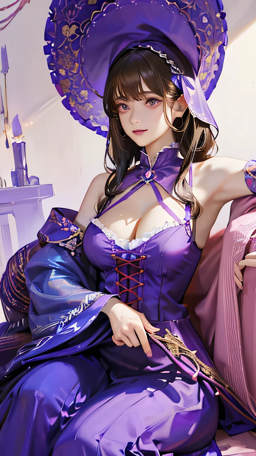 (highest quality, High resolution), Glowing Eyes, Delicate facial features, Vibrant colors, Dreamy atmosphere, Fantasy Theme, Floral Background, Graceful Movement, Detailed clothing, loose fitting dress, Elegant fashion, Magic lighting, Mysterious Aura, Heavenly Beauty, Magic thread, Whimsical elements,Big Breasts、Red attire、Colorful costumes、lingerie、Purple outfit