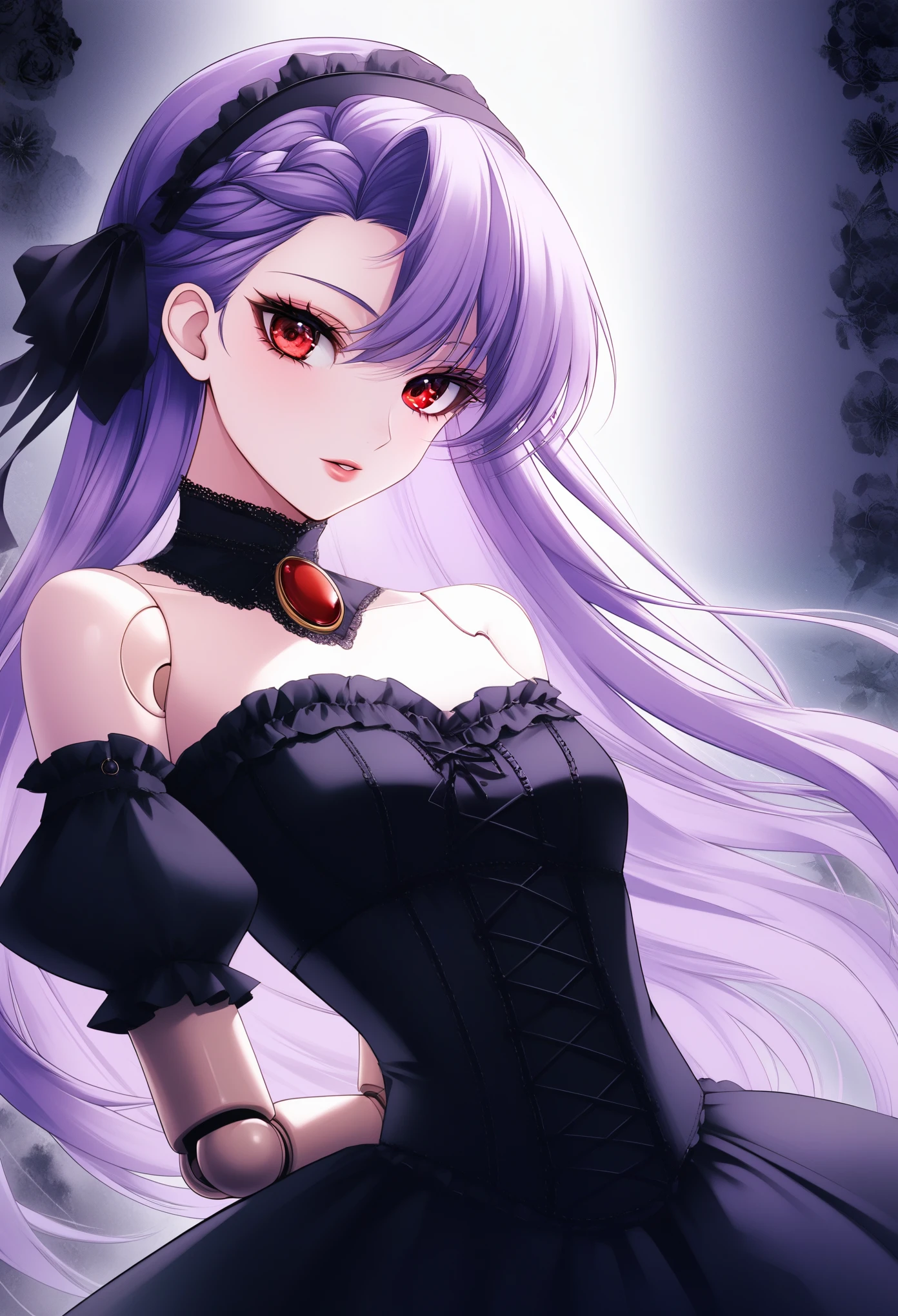 masterpiece, illustration, best quality, menacingjojo, cg, wallpaper, 1girl, solo, light purple hair, long hair, french braid, single sidelock, red eyes, multicolored eyes, small breasts, flat chest, , victorian dress, embellished dress, black dress, corset, neckwear, off-shoulder dress, frills, doll, doll joints, dynamic pose, leaning back, from below, looking down, looking at viewer, arms behind back, text, upper body, portrait, cold, neutral