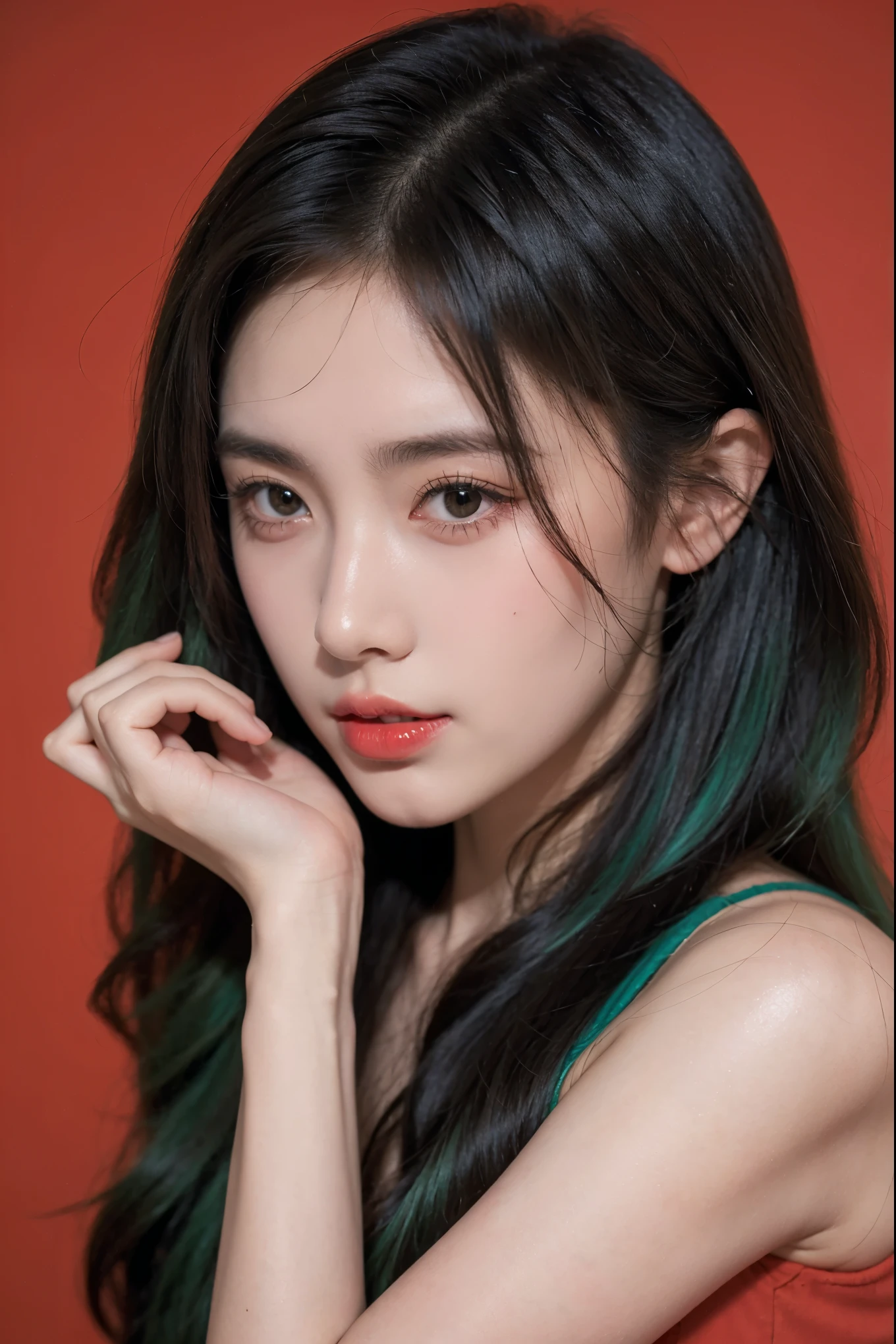 21-year-old girl, Green Hair, Red background,