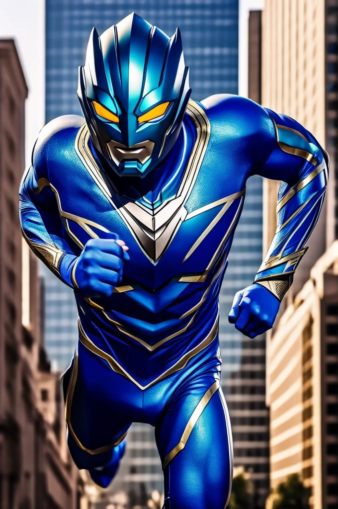 beautiful detail, best quality, 8k, highly detailed face and skin texture, high resolution, blue body ultraman stand over the city, full body, sharp focus
