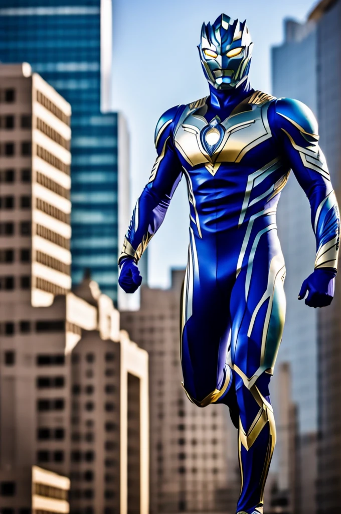 beautiful detail, best quality, 8k, highly detailed face and skin texture, high resolution, blue body ultraman stand over the city, full body, sharp focus