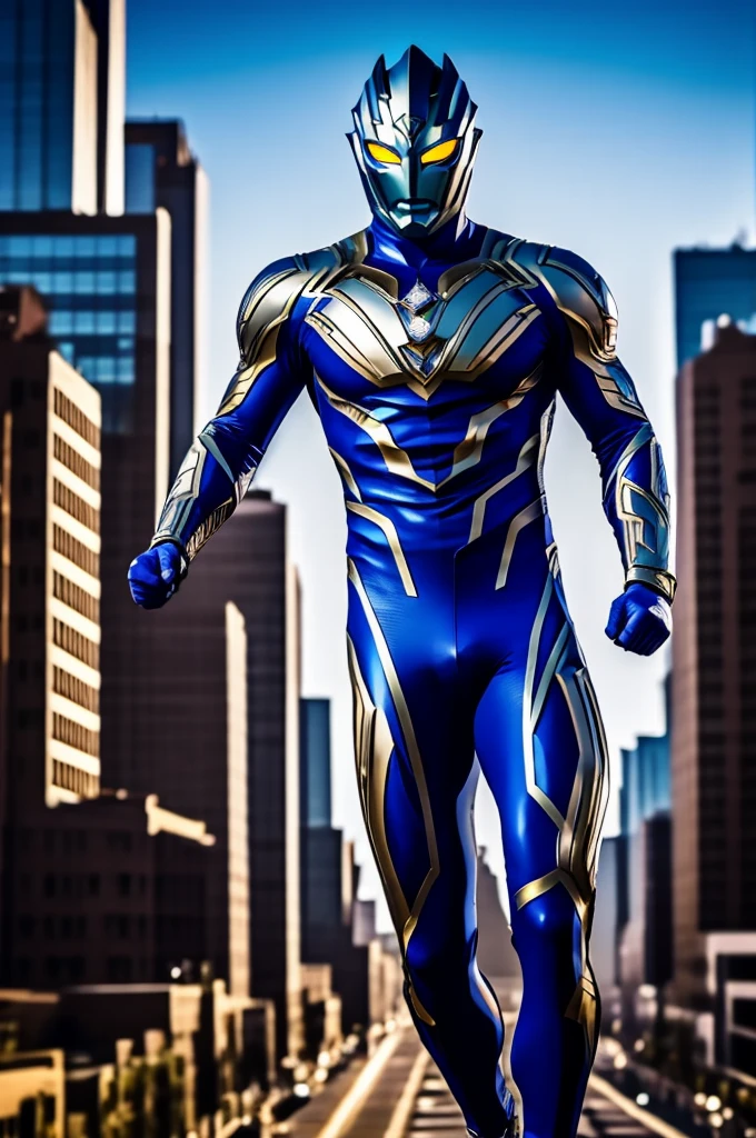 beautiful detail, best quality, 8k, highly detailed face and skin texture, high resolution, blue body ultraman stand over the city, full body, sharp focus
