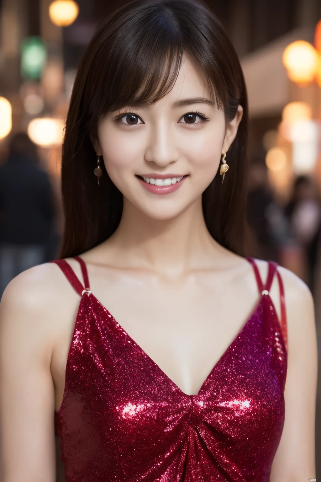 One Girl, (Wearing a red glitter dress:1.2), (RAW Photos, highest quality), (Realistic, Photorealistic:1.4), Tabletop, Very delicate and beautiful, Very detailed, 2k wallpaper, wonderful, In detail, Very detailedな CG Unity 8K 壁紙, Very detailedな, High resolution, Soft Light, Beautiful detailed girl, Very detailedな目と顔, Beautifully detailed nose, Beautiful fine details, Cinema Lighting, City lights at night, Amazing illumination, Perfect Anatomy, Slender body, small, smile