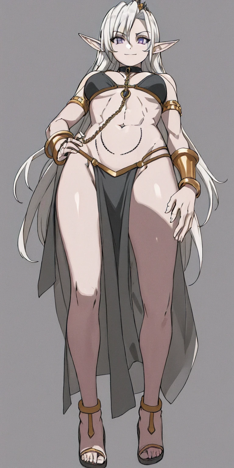 ((plain background:1.2)) ((1girl)) full body, standing, grey skin, drow elf, mature, detailed happy face, purple eyes, white hair, black bikini, abs, big knockers, golden chain collar, stomach tattoo (red tattoo under belly button) (navel), whole body, 1solo (girl), slave fighter, loincloth standing, hands on hips, metal sandals, choker, big belt, looking to viewer, view from below, cow boy shot, far shoot, feet together, bracers, tiara