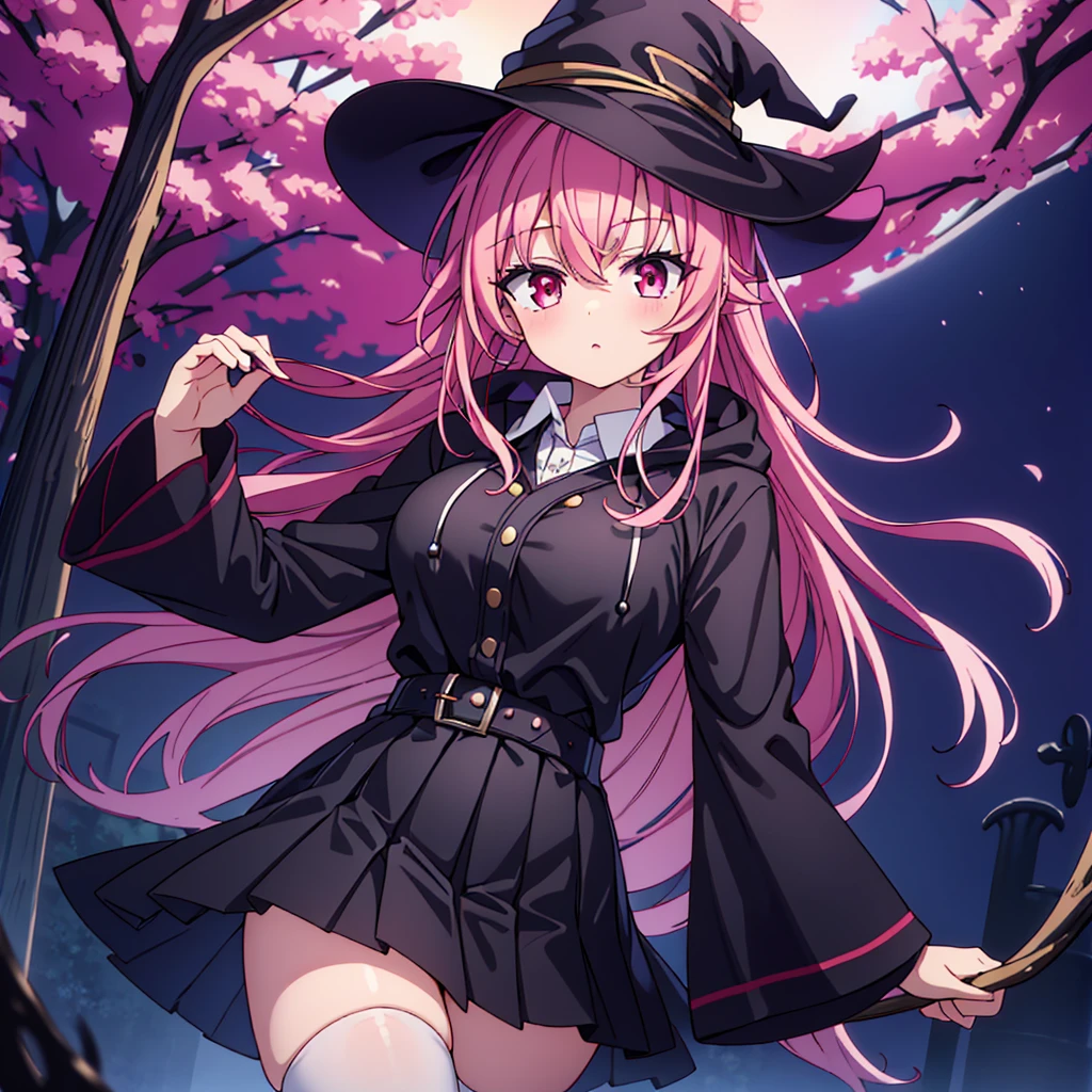 Sharp focus, highest quality, Depth of written boundary, Cinema Lighting, Detailed costume, 4K, Perfect Eyes, Rich in detail and texture, cute, cute face, Pink Hair, Long Hair, Small breasts, Dark red eyes, Hair between the eyes, Side Lock, Witch Hat, Black Hat, black Robe, hooded Robe, Lower the hood, white shirt, Black Skirt, collared shirt, Long sleeve, Pleated skirt, White Stockings, Outdoor, shirt, Robe