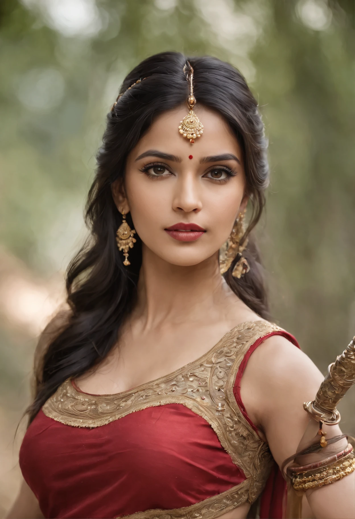 (photorealistic:1.37),indian women,sexy warrior,sword in hand,detailed eyes,detailed lips,long black hair,golden jewelry,flowing fabrics,navel,sexy top wear,vibrant colors,ornate headpiece,ornamental hilt,confident expression,graceful pose,beautiful backdrop,warrior princess