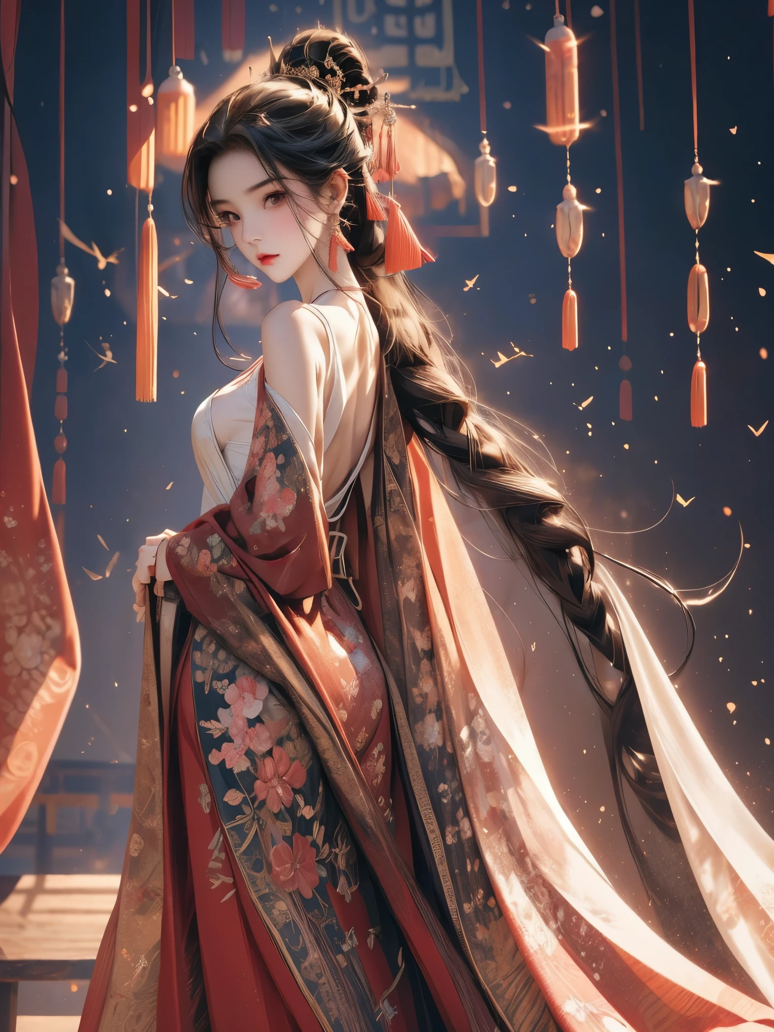 Gentle and lovely Chinese beauty, Exquisite and sexy clavicle, Charming goose egg face, Double eyelids, Bright peach blossom eyes, Pink lips, Small upturned nose, Bare shoulders, Plump buttocks, Beautiful long legs, focused face, Close-up of face, Ultra HD, Super Detail, Full body image, Ultra-thin and light-transmissive, optimal ratio: four fingers and one thumb, Horse Face Skirt, Redcoat, Octane Render