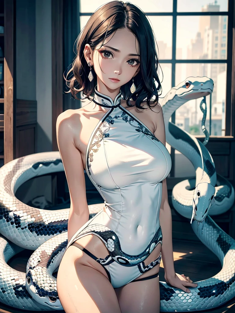 absurdres, RAW photo, extremely delicate and beautiful, masterpiece, Best Quality, ultra high resolution, 32k, hyperrealistic, ultra-detailed, perfect anatomy, anatomically correct, perfect figure, super Detailed skin, 20 years old, very Slim body, narrow waist, very small head, very small face, delicate facial features, detailed face, detailed eyes, tearful mole, earring, thin legs, bare legs, ((very huge round breasts)), short medium hair, ((wavy hair)), wet clothes, embroidered cheongsam, ((white huge snake)),