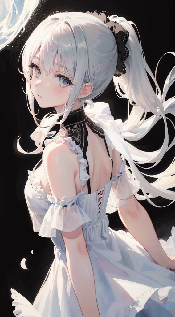 Art by Cornflower,Absurd, High resolution, Super detailed,(masterpiece:1.2),(Watercolor style),(One girl:1.3),(White and black dress),(Silver hair ponytail),(Black Theme),Soft Blending,Dreamy wash,Delicate texture