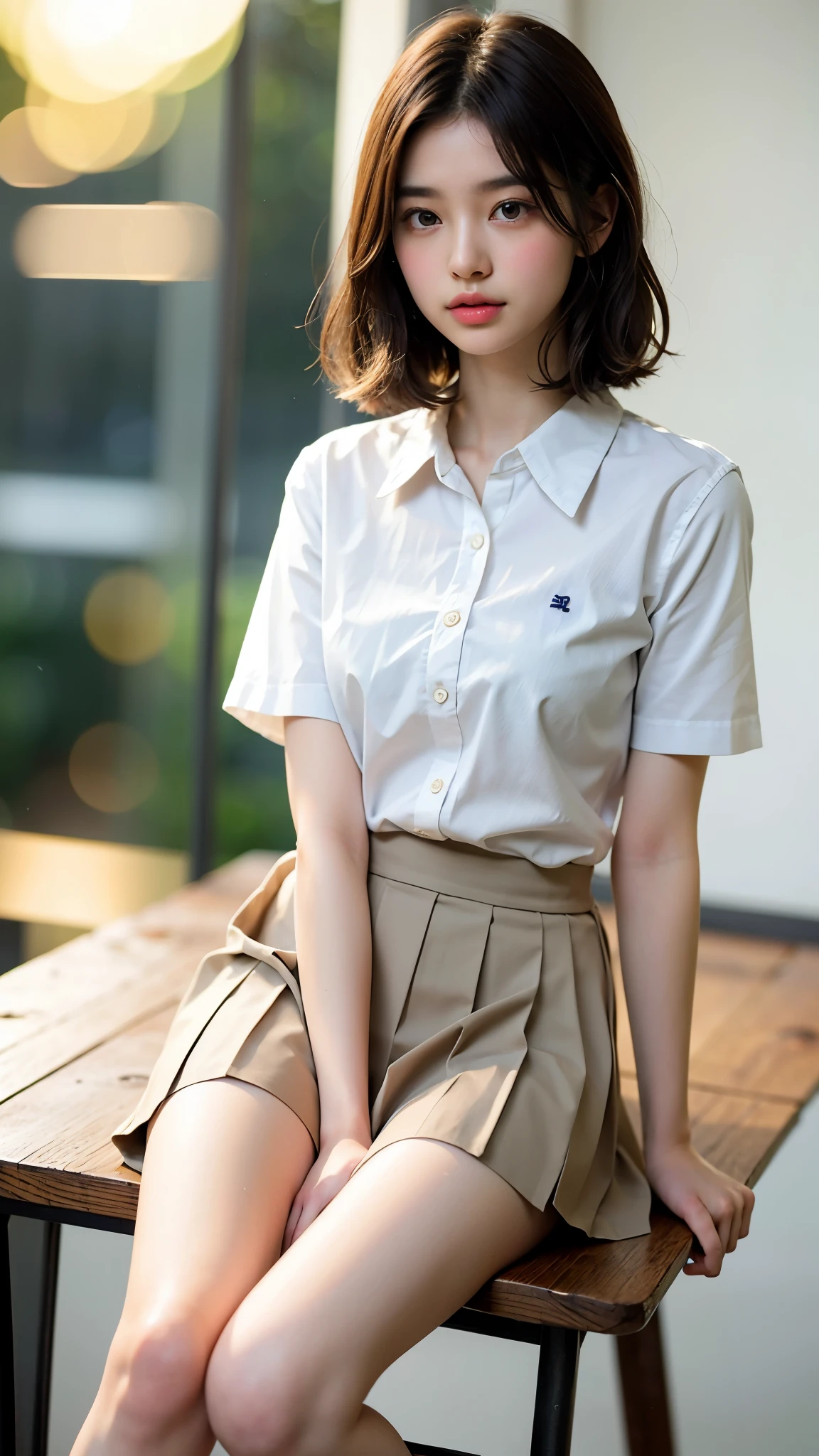 full body, posing, (side-view:0.9), (Professional lighting, light on face), 1 girl, cute little, perfect body, looking at viewer, slim body, (extremely detailed eye and face, beautiful detailed nose, Beautiful detailed eyes), (beauty knee, white thighs), japanese high school student woman, (classroom, wooden desk and wooden chair), ((School Uniform, Short sleeve uniform white shirt)), 18 years old, (semi long hair, bob hair, short hair, hair sidelocks), (Bokeh:1.5)