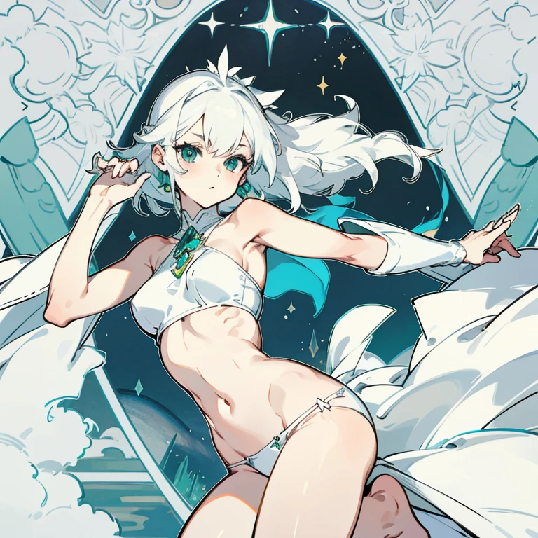 magra e desnutrida, Alta com pernas longas, your skin is pale white, Seus olhos tem muita olheira, Her hair is short and white, she is only wearing white panties and a white strap top, deitada em uma cama