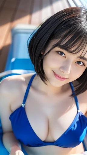 8k、highest quality、Upper Body:1.5、Very detailed、High resolution、8k、Top view、Small breasts、Thin lips、Detailed face、Cute Smile、Cute Japanese Woman、Cute 24 year old beauty、Beautiful and elegant face、Cute face、Natural Bangs、Arched eyebrows、Groomed eyebrows、Large, balanced eyes、Cute eyes、Beautiful thin nose、Beautiful Skin、Medium Bob Hair、Natural Bangs、Slim face、Slender figure、(Looking at the camera with a happy expression)、Bright lighting、Professional Lighting、Forward lighting、A kind smile、Cute pose、(Swimsuit that looks like underwear)、Beautiful cleavage、Wet Hair、Wet Skin、Swimsuit like underwear、Beautiful legs:1.2、Smooth skin、Beautiful cleavage、Slender and beautiful thighs、((Lie on your back in a deck chair by the pool))、Composition from above、