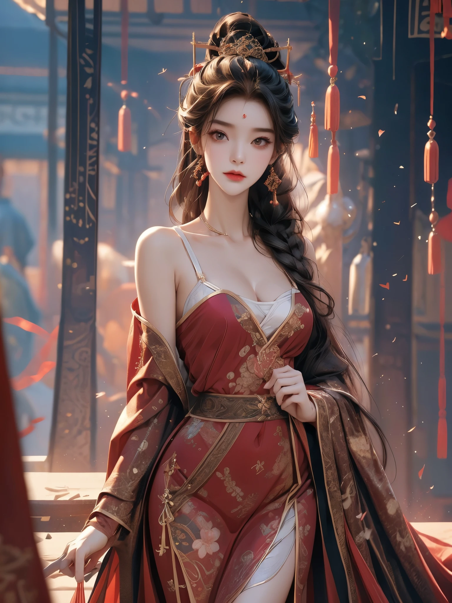 Chinese beauty general, Horse Face Skirt, red armor, Exquisite and sexy clavicle, Charming goose egg face, Double eyelids, Bright peach blossom eyes, Pink lips, Small upturned nose, Bare shoulders, Plump buttocks, Beautiful long legs, focused face, Close-up of face, Ultra HD, Super Detail, Full body image, Ultra-thin and light-transmissive, optimal ratio: four fingers and one thumb, Octane Render
