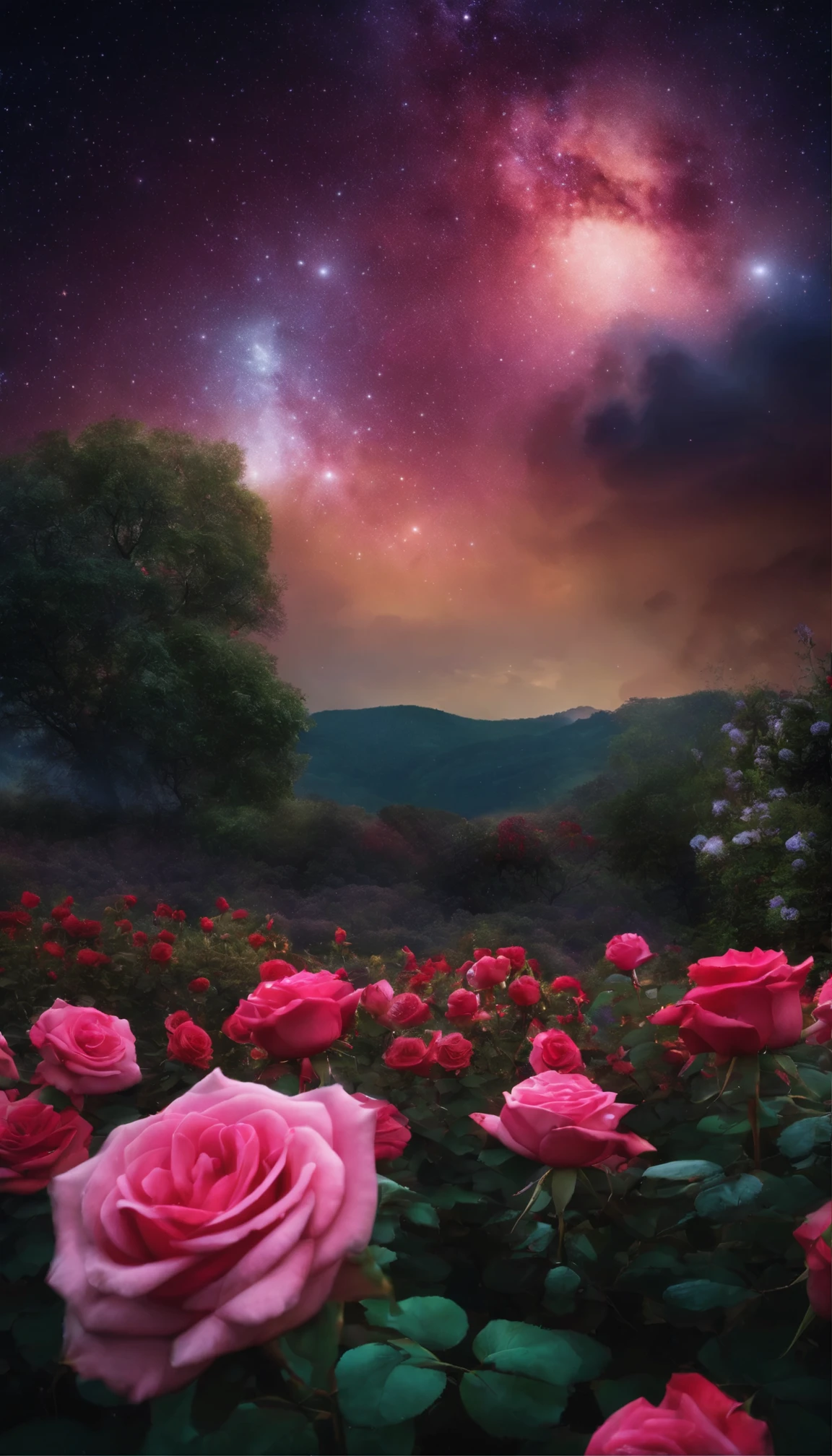 Realistic photo, with rose flower garden, night, galaxy visible in the sky, stars