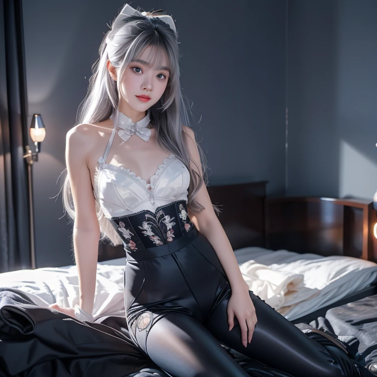 (((1 girl)),Ray Tracing,(Dim Lights),[Detailed background (bedroom)),((Silver Hair)),((Silver Hair)),(Fluffy Silver Hair, Busty and slim girl)) High Ponytail)))) Avoid blonde eyes in the ominous bedroom ((((Girl wearing black high-waisted trousers and tights with delicate embroidery) and white ruffled bow gloves), Show off your slender figure and beautiful curves, Correct limbs, Sitting on the bed