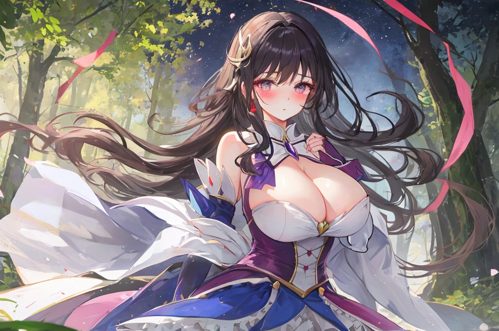 A woman with big ,Gorgeous woman,Mature((Magical girl)),Long hair,Exquisite,Protruding lower chest,Lace Eye Mask,blush,fighting,forest,
