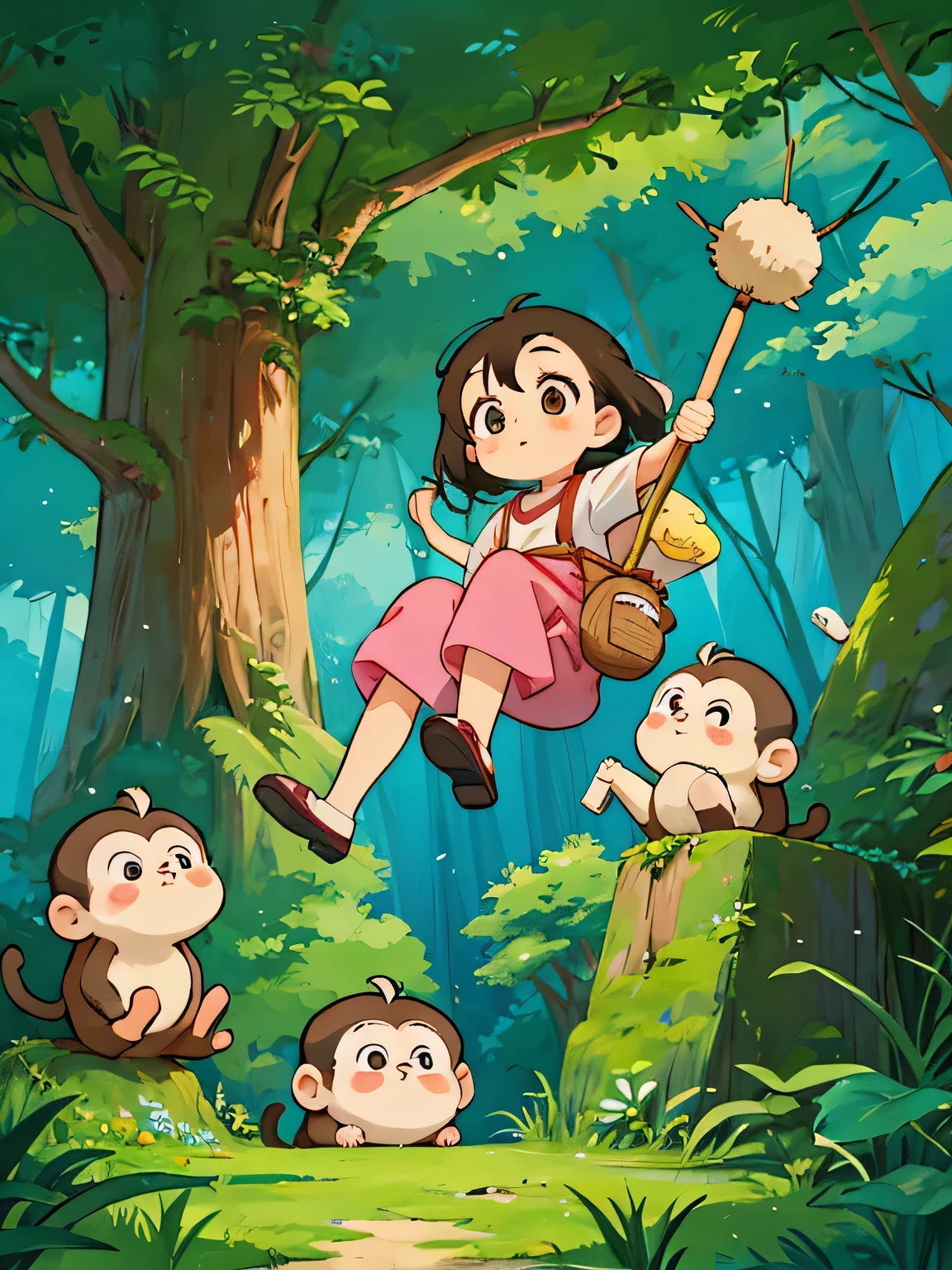 Hayao Miyazaki style, Kawaii Design, Chibi girl monkey, monkey Forest