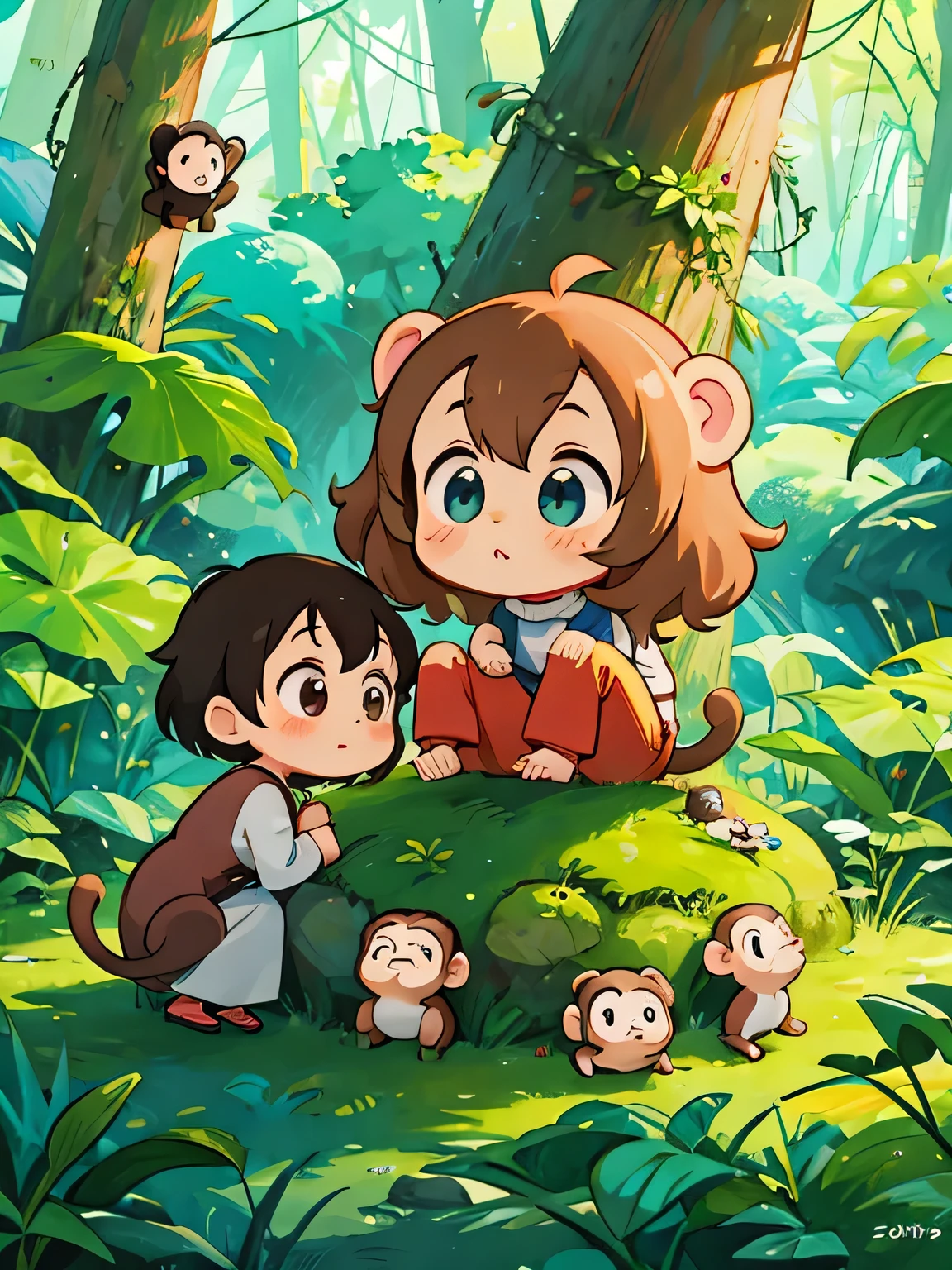 Hayao Miyazaki style, Kawaii Design, Chibi girl monkey, monkey Forest
