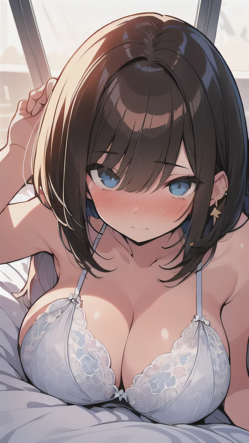 (best quality), (Super detailed), (Best Illustration), (masterpiece), (woman), (lying on bed:1.2), (white bra), (large breasts:1.2), {brown hair, (sideburns), (bob cut:1.3), curly hair, hairs between eyes, colored inner hair}, {(detailed eyes), blue eyes}, nose blush, earring,