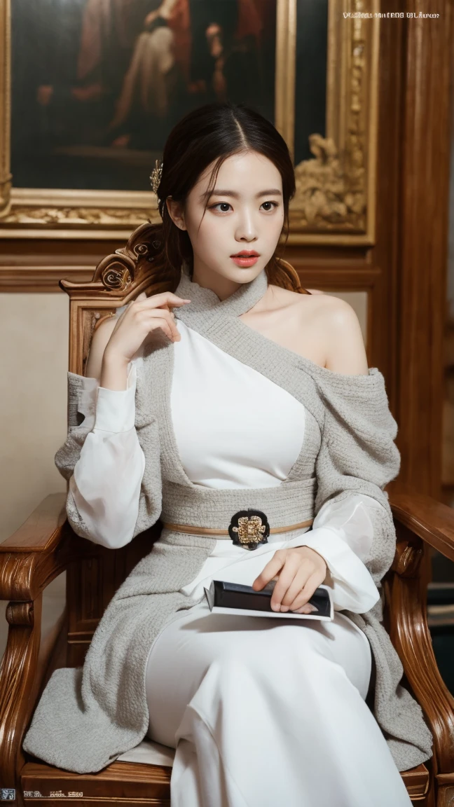 Empress Dowager West、Sitting on the throne、、See-through、It's digging in、Turn around、Turn your back、Buckshot、I'm not wearing anything underneath、Full Body Shot、20th Ayaka、NiziU AYAKA、 4K、1People Women、slender、 Loose, wavy styling 、Fascinating and attractive、Including the texture of the face and skin.,Detailed eyes