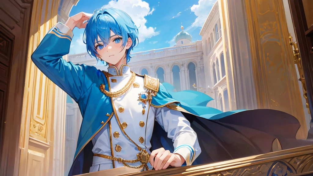 cute boy with blue eyes, blue hair, royal clothes, palace, 8k resolution, sky