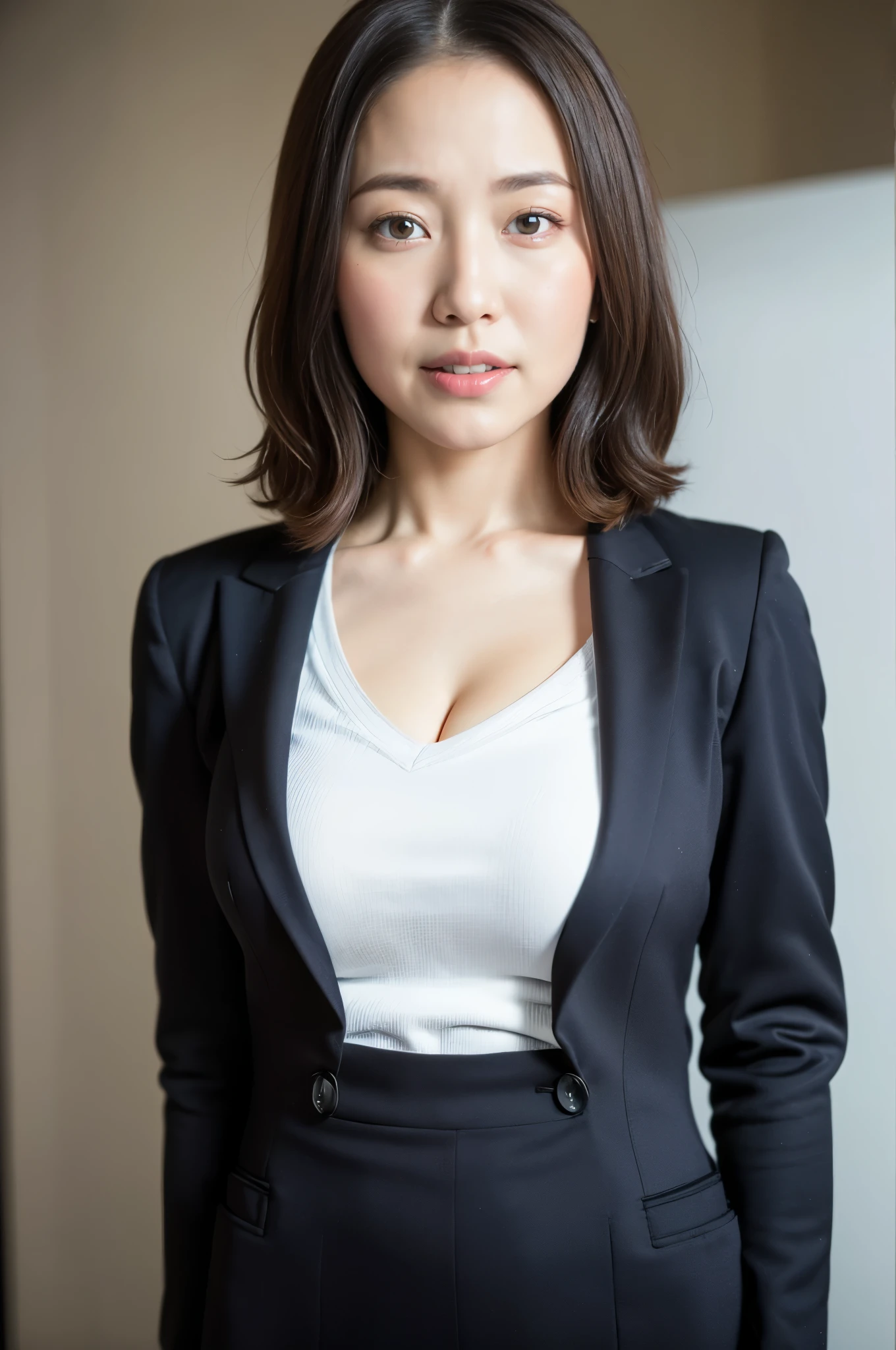 ​masterpiece, Better Quality, hight resolution, ((Photorealsitic:1.4, Raw photography, ultra high resolution,Top image quality)), ((upper body 1.5, portrait:1.2)), 1Milf standing, wearing business suit, curvy shape0.5, very detailed and professional lighting, (cute facial expressions), ((thigh visible)),