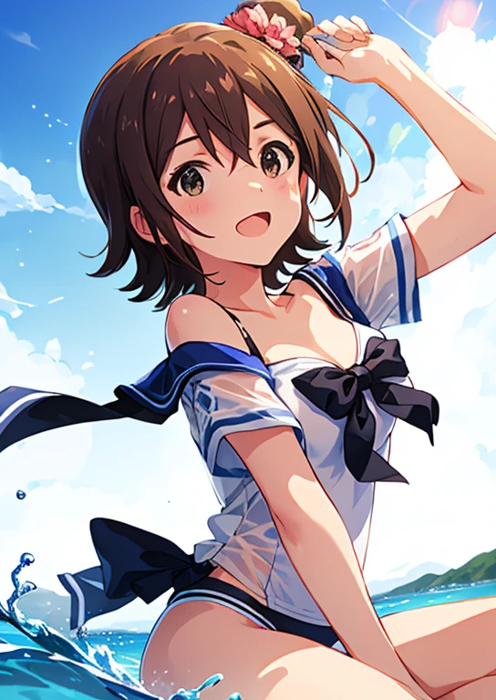 Mirai Kasuga, (highest quality, 8k, masterpiece, Very detailed:1.2), (Lens flare, Particles of light, Shine), Big Breasts, smile, Open your mouth, masterpiece, highest quality, Very detailed, High resolution, Very detailedなCG, (Official Art), Off the shoulder, Sailor swimsuit, (Embarrassing:1.1), (blush:1.2), Open your mouth, ((Spread your legs)), (shout:1.1), (Moving lines:1.1),  blue sky, summer, Sandy Beach, Cowboy Shot