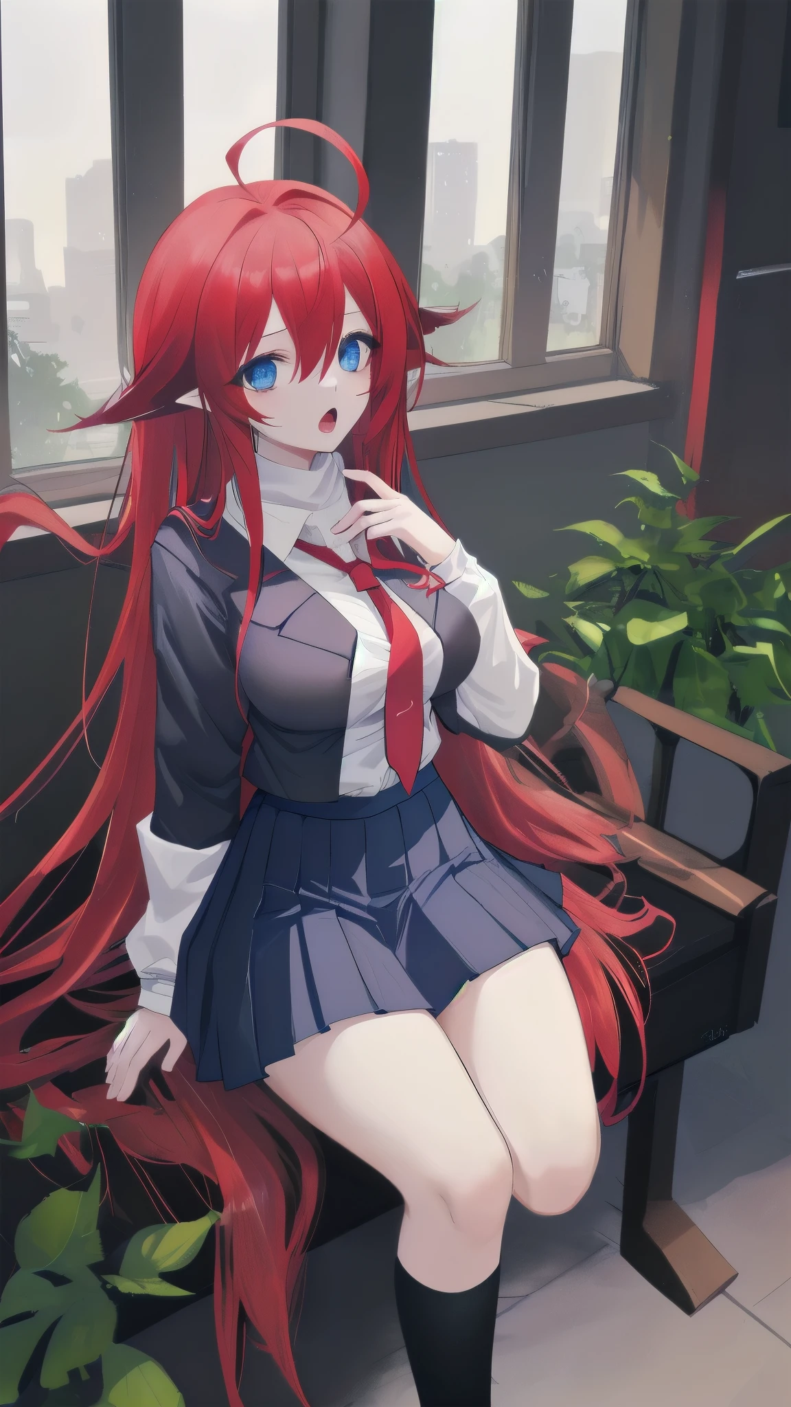 masterpiece, best quality, highres, best quality, highres, rias gremory, 1girl, long hair, school uniform, red hair, ahoge, blue eyes, large breasts, very long hair, breasts, skirt, huge ahoge, socks,NSFW,official art,extremely detailed CG unity 8k wallpaper, perfect lighting, (masterpiece:1.0),(best_quality:1.0), ultra high res,4K,ultra-detailed, photography, 8K, HDR, highres, absurdres:1.2, Kodak portra 400, film grain, blurry background, bokeh:1.2, lens flare, (vibrant_color:1.2),(beautiful_face:1.5),(narrow_waist),(perfect hands, perfect anatomy),
