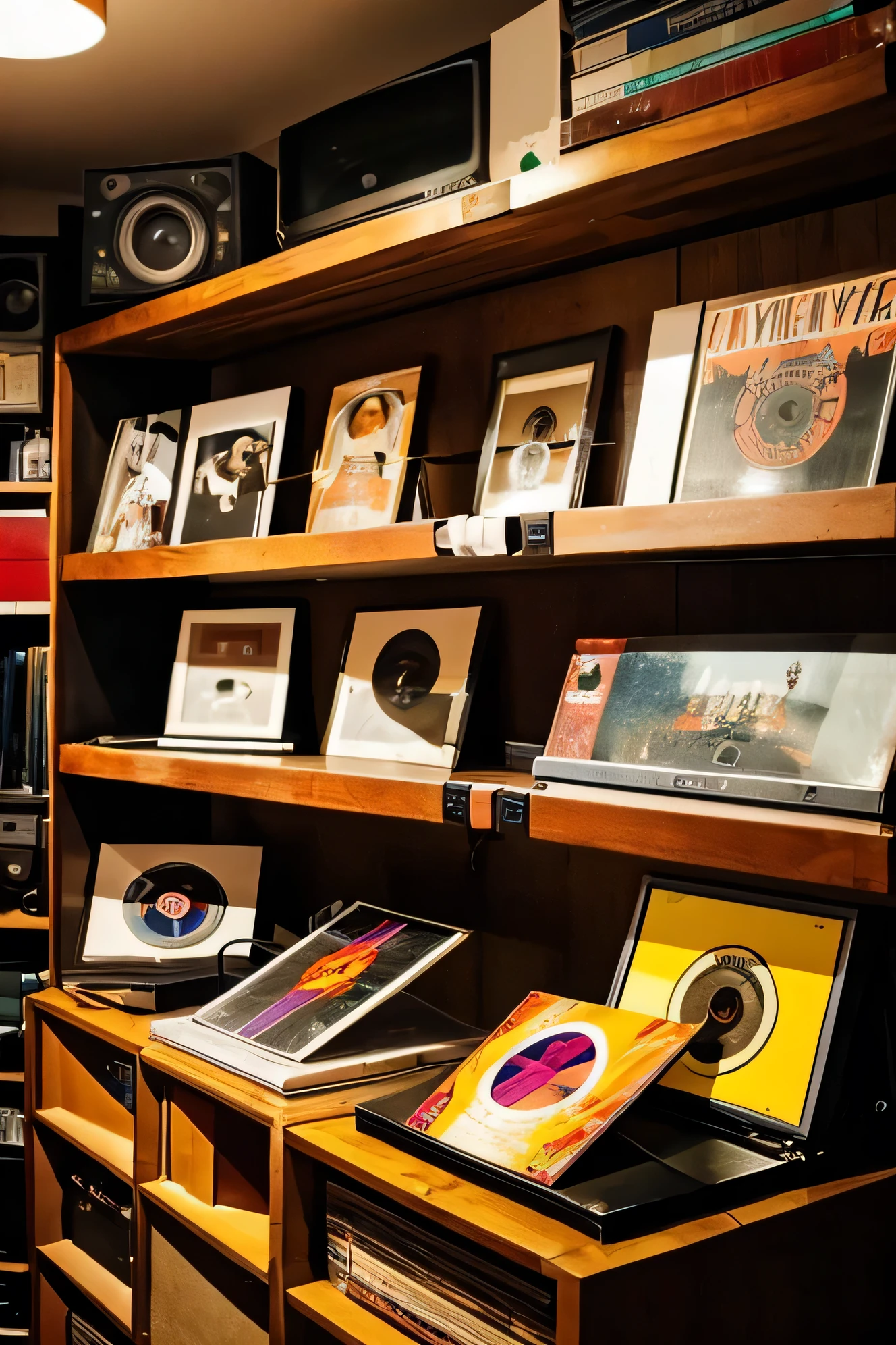 Vinis e Toca-discos: A bookshelf near the recording area displaying a collection of vintage vinyl, with an old record player ready to play analog music.