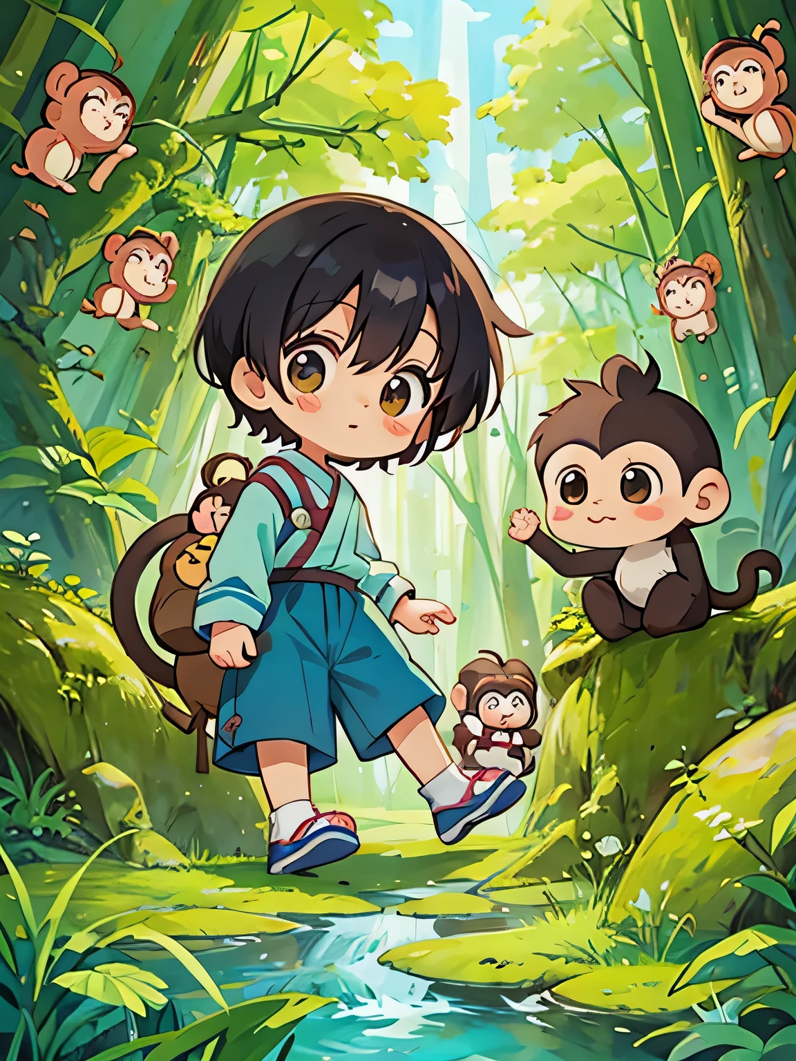 Fujio Akatsuka style, Kawaii Design, Chibi girl monkey, monkey Forest