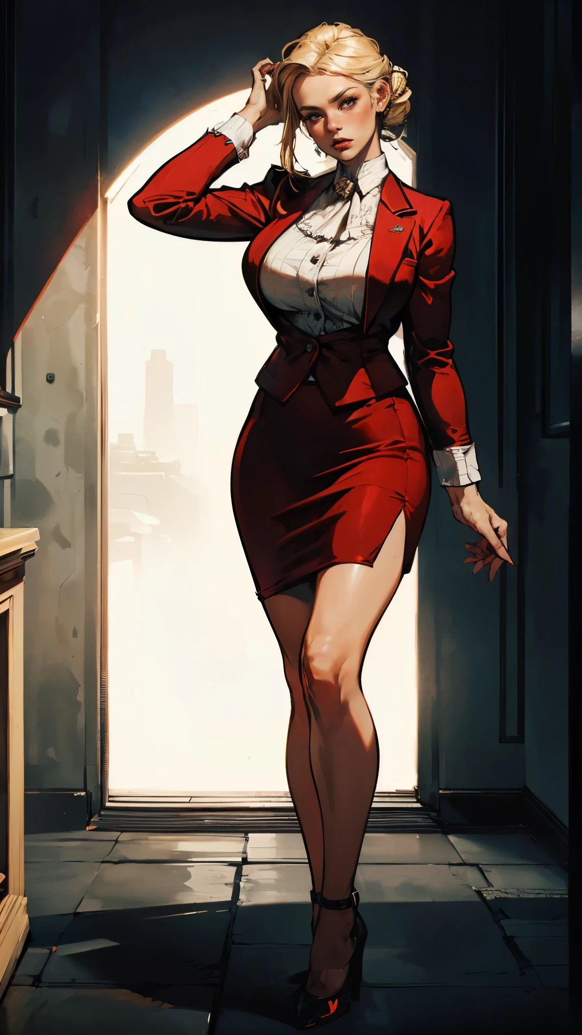 (Best quality, 4K, high resolution, masterpiece:1.2), ultra-detailed, realistic (photo-realistic:1.37), 34 years old, Russian office lady, (wearing red velvet blazer jacket over a crisp white blouse pair with red velvet short pencil skirt with front-slit), blonde ponytail hair, black heels, perfect make up, c cup breasts, toned slim body, flat abs, hourglass body, customer welcome pose, bank background. Sharp focus on details, modern environment, striking visual impact, confidently poised, aura of professionalism, symbol of reliability, high-end lifestyle, extraordinary charisma.